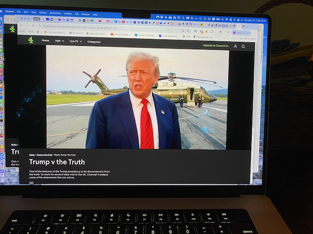 Snapshot of British program playing on computer, 'Trump v the Truth', showing Trump speaking in front of the Marine One helicopter