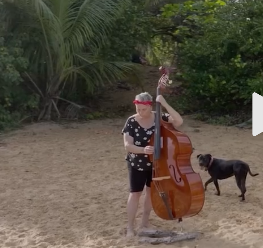 Adri Galler Lastra playing an upright bass on a Puerto Rico beach with a dog