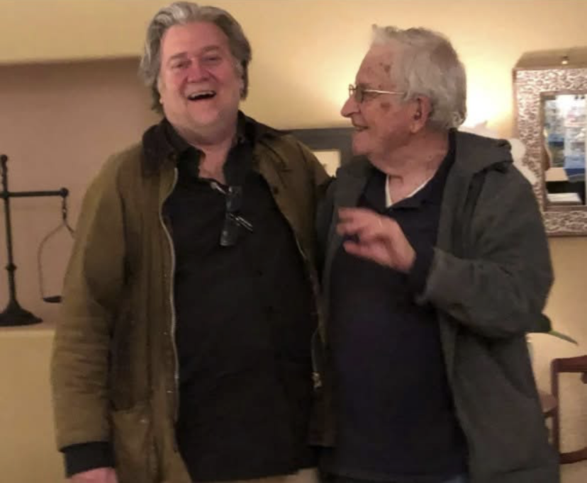 Noam Chomsky enjoying a laugh with Steve Bannon