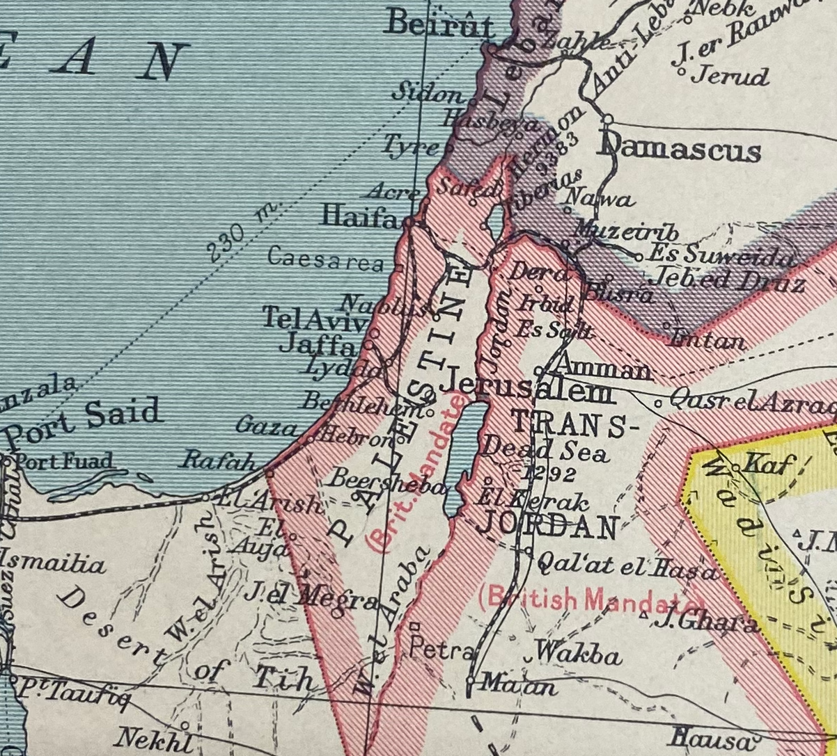 zoomed in detail of printed map of Middle East from 1942