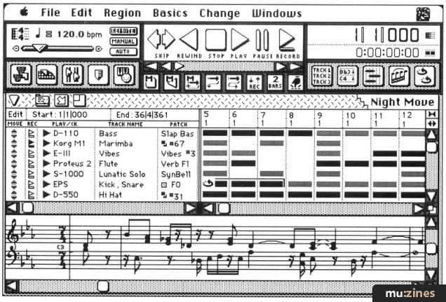 Screenshot of classic Mac running Performer MIDI sequencing software from the 80s