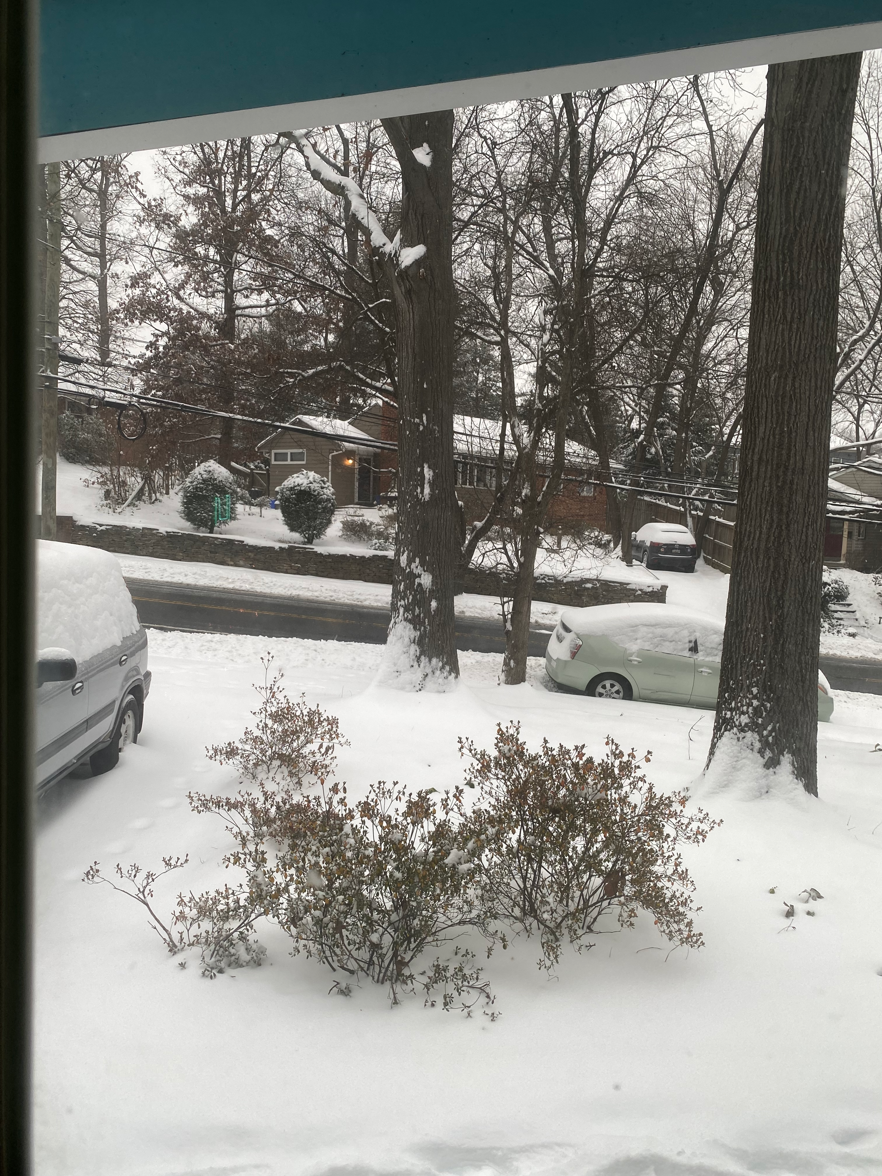 the view out the front window, showing cars and snow on the cars and the ground